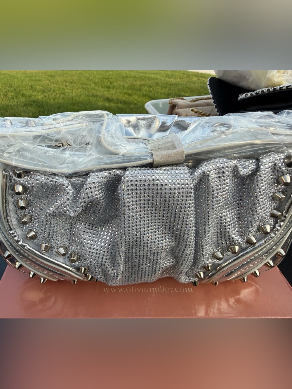 Olivia Miller Silver Crystal-Embellished Studded Evening Clutch - Picture 2 of 4